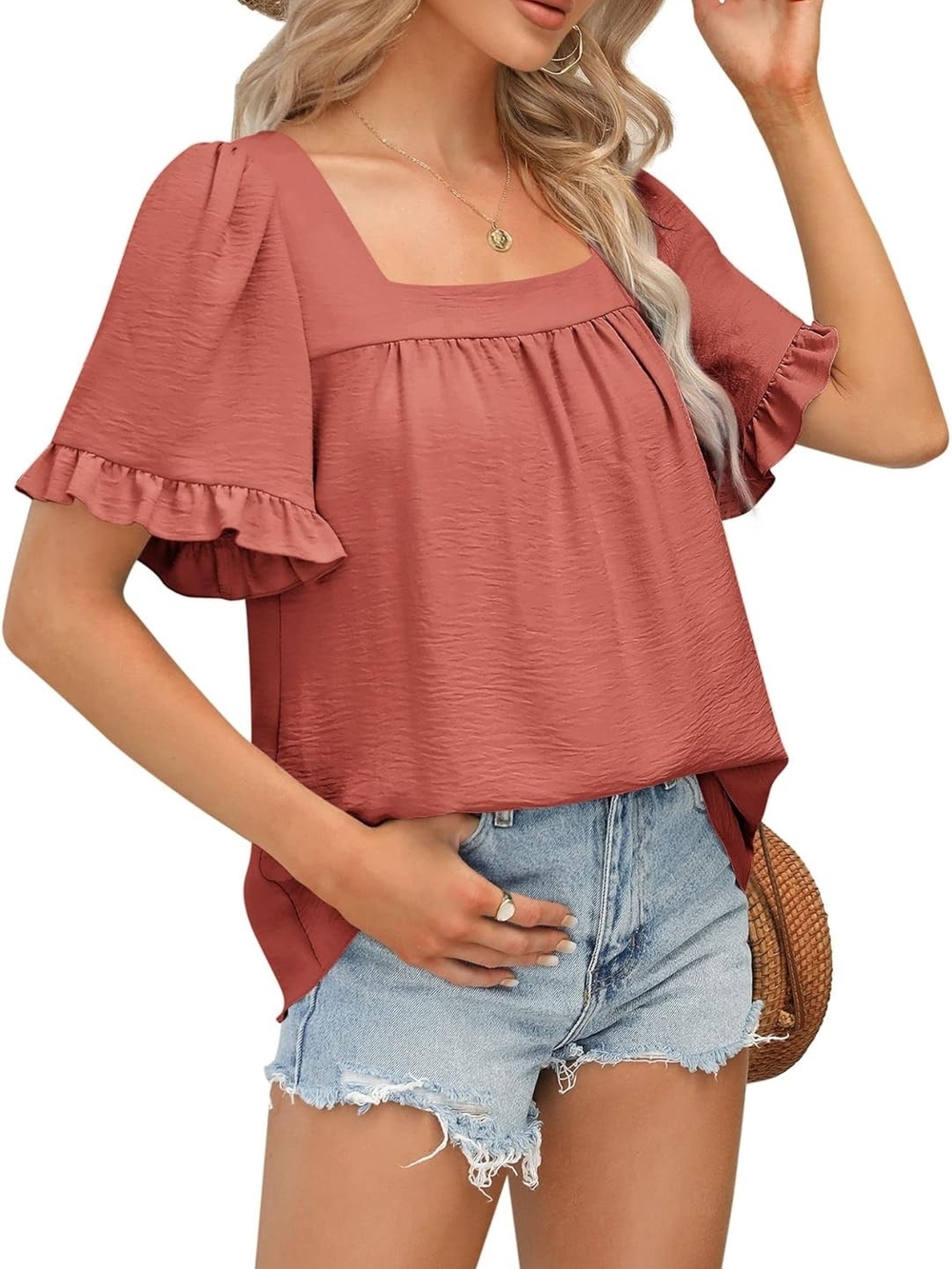 Women's Square Neck Ruffle Sleeve Blouse - Blush